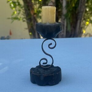 Rustic Black VTG Wrought Iron and Wood Single Candlestick Holder
